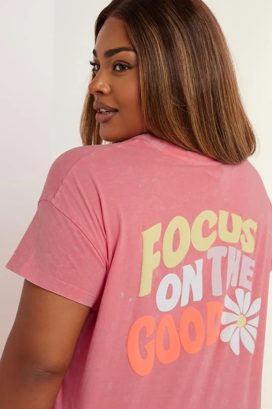 Yours YOURS Curve Pink Acid Wash 'Focus On The Good' Daisy Back Print T-Shirt