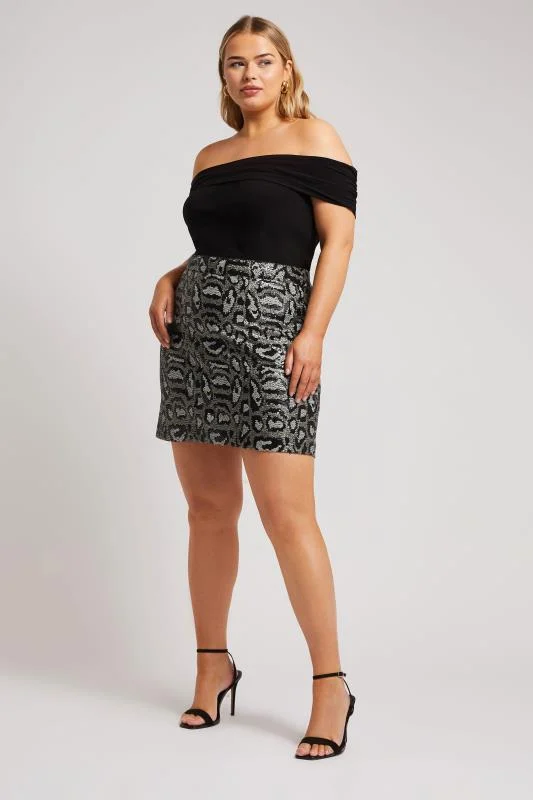 Yours London YOURS LONDON Curve Grey Sequin Leopard Print Mini Skirt