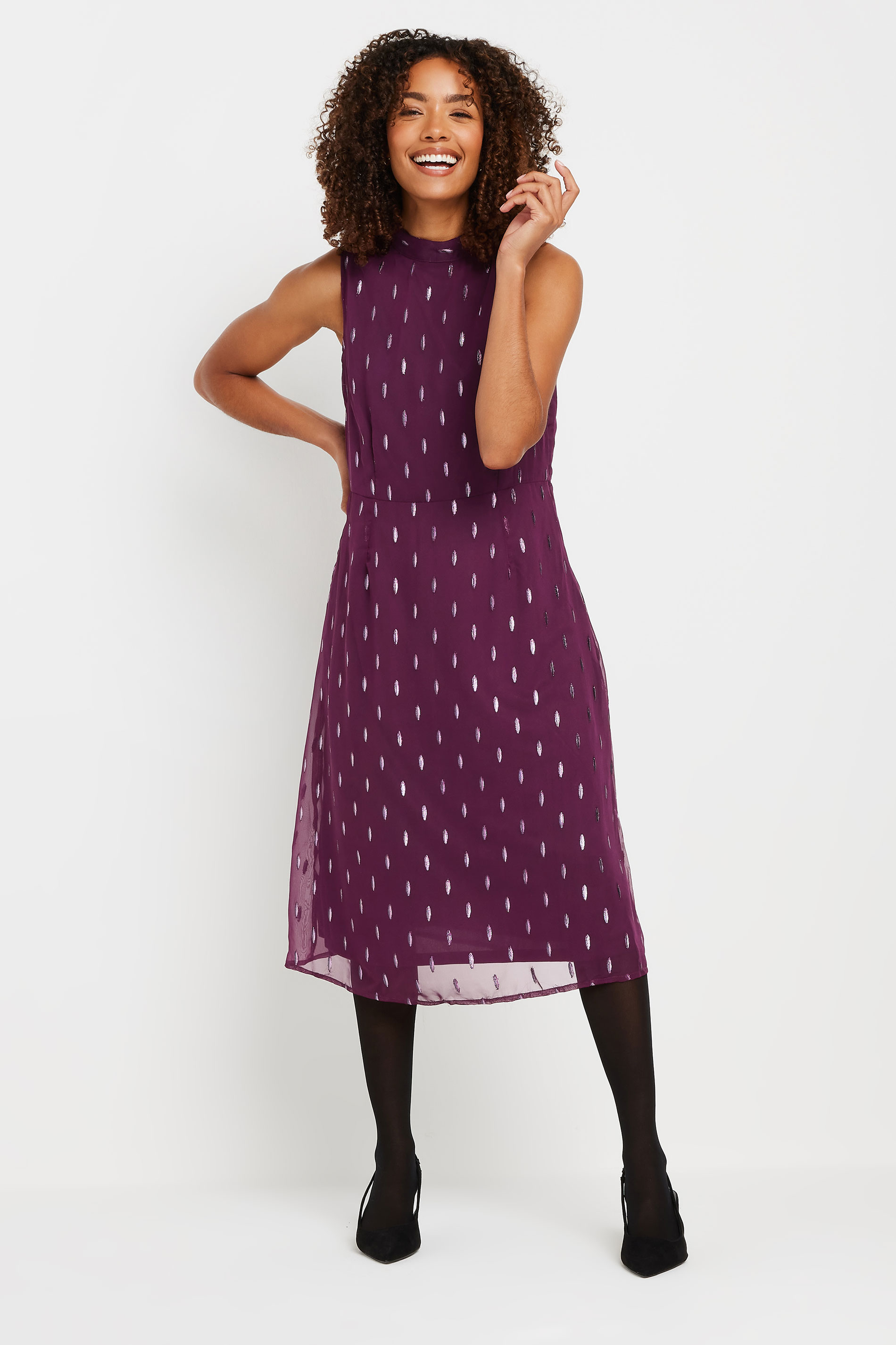 M&Co Womens M&Co Purple Metallic Detail High Neck Midi Dress