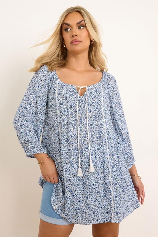 Yours YOURS Curve Blue Ditsy Floral Print Tie Neck Top