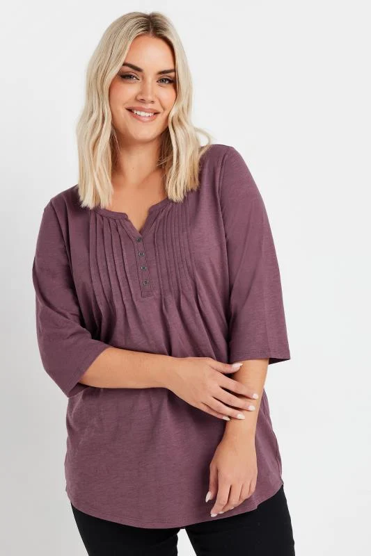 Yours YOURS Curve Purple Pintuck Henley 3/4 Sleeve T-Shirt