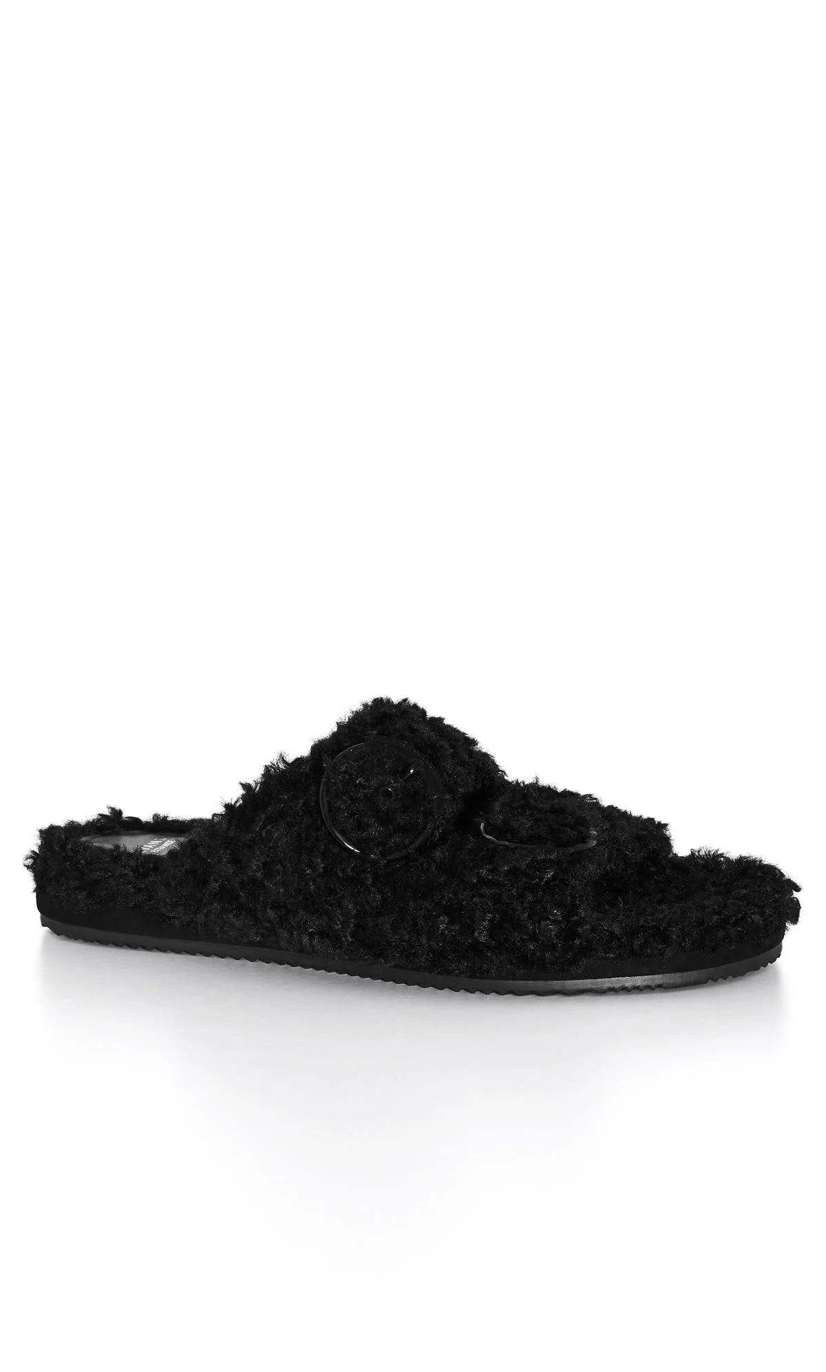 Evans Evans Black Faux Fur Buckle Sliders In Wide E Fit