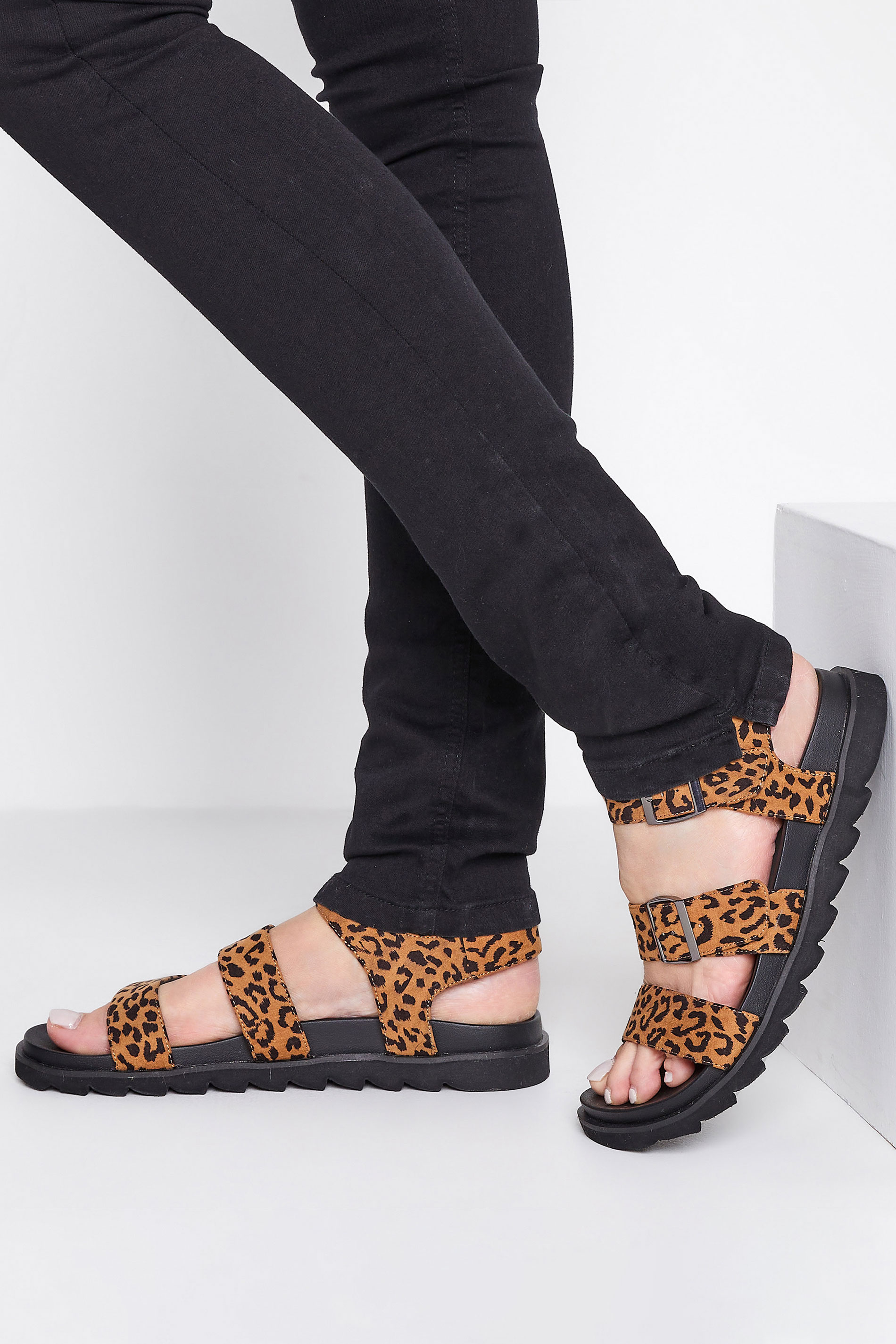 LTS LTS Brown Leopard Print Buckle Strap Sandals In Wide E Fit