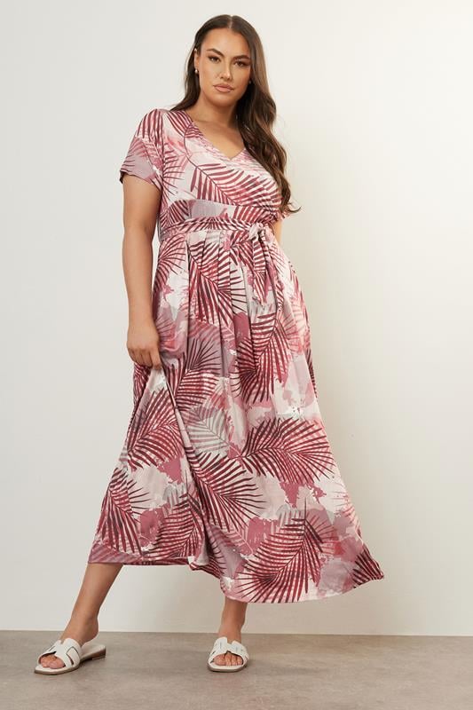 Yours YOURS Curve Pink Leaf Print Wrap Maxi Dress