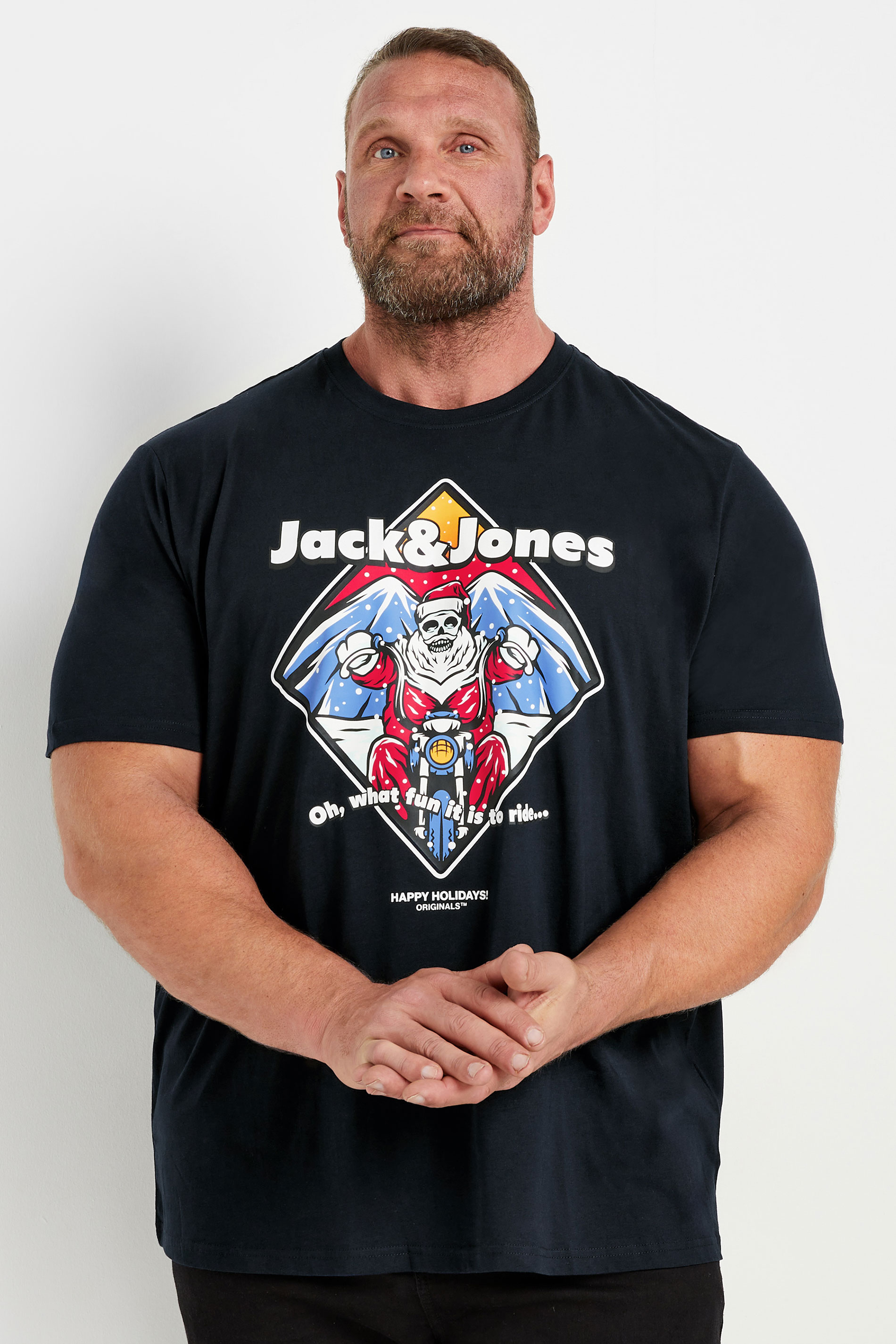 Jack & Jones JACK & JONES Big & Tall Black Santa Motorcycle Print T-Shirt