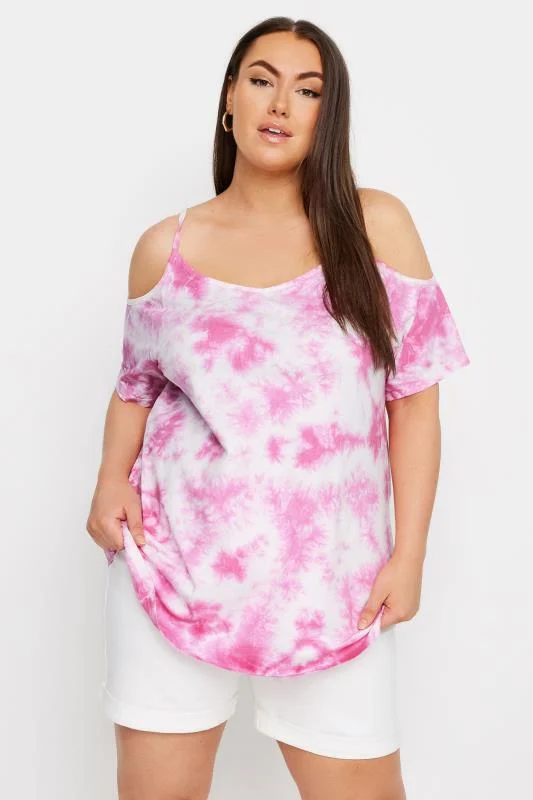 Yours YOURS Curve Pink Tie Dye Cold Shoulder Top