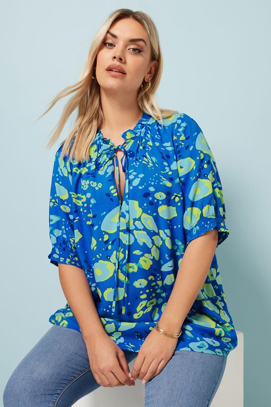 Yours YOURS Curve Blue Abstract Print Tie Neck Blouse