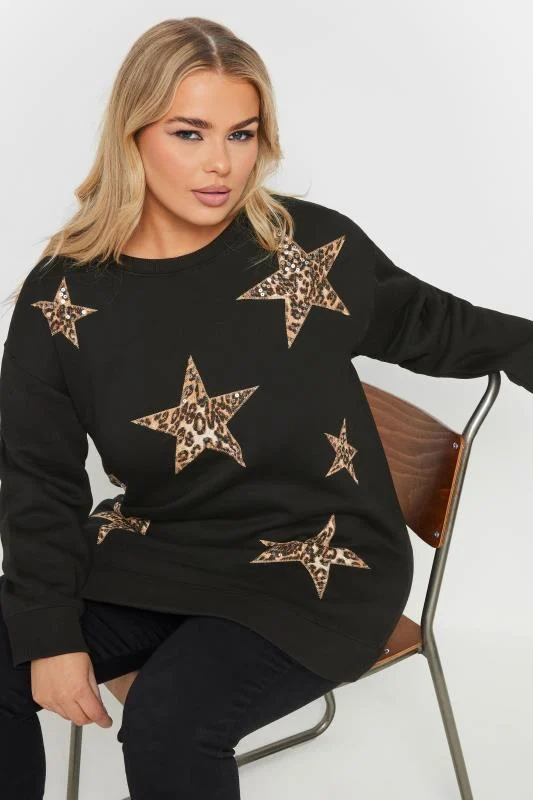 Yours YOURS Curve Black Sequin Leopard Star Print Sweatshirt