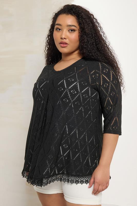 Yours YOURS Curve Black Broderie Anglaise Pleat Front Top