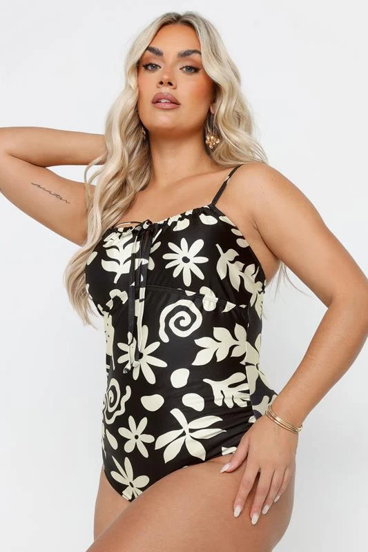 Yours YOURS Curve Black Abstract Floral Print Swimsuit