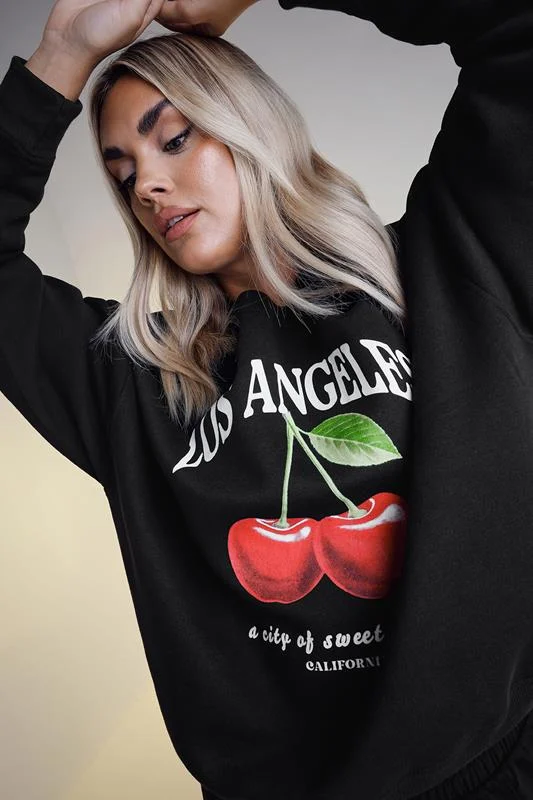 Yours YOURS Curve Black 'Los Angeles' Cherry Sweatshirt