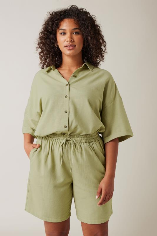 Evans EVANS Curve Khaki Green Linen Shirt