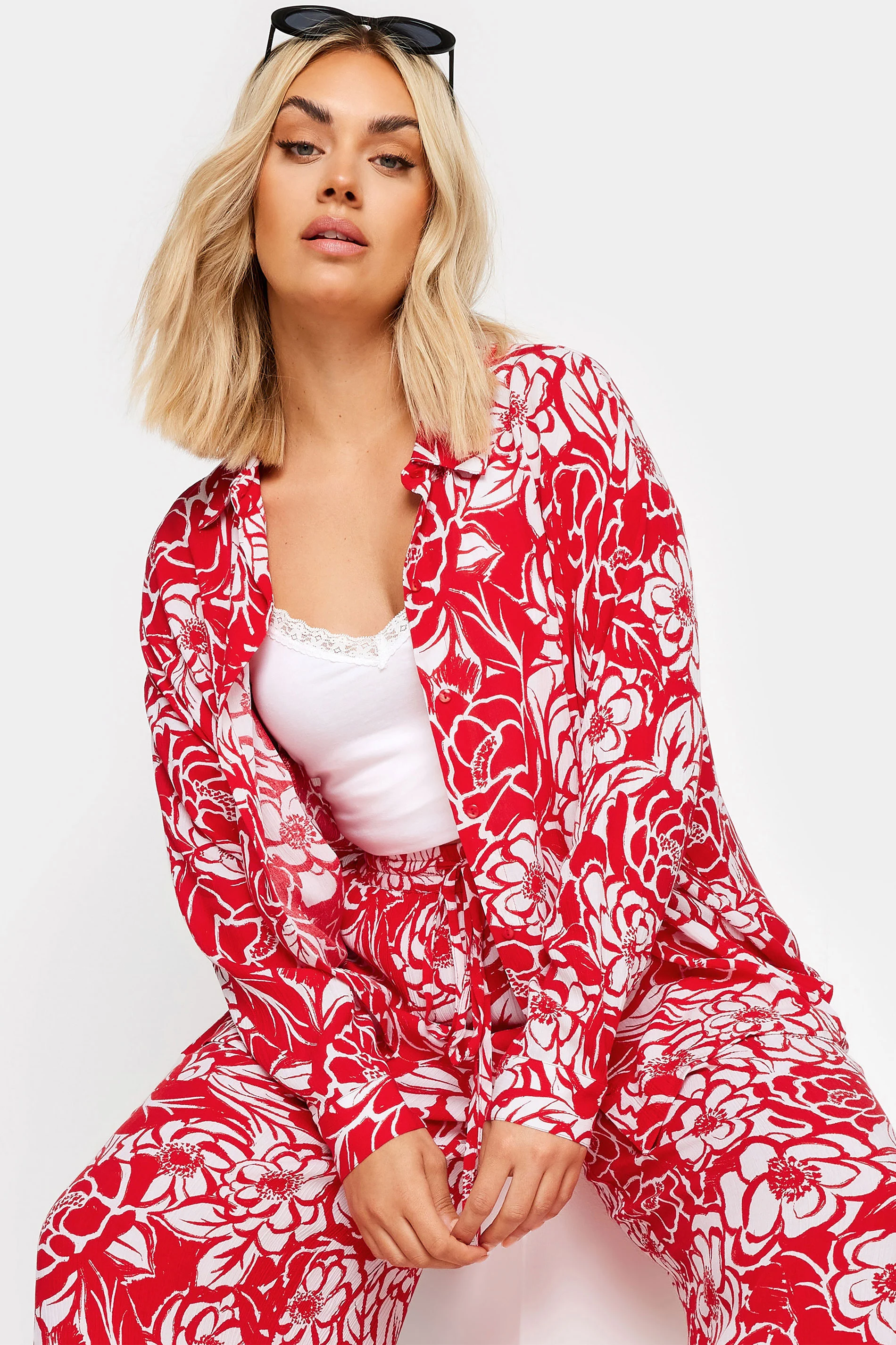 Yours YOURS Curve Red Floral Print Crinkle Beach Shirt