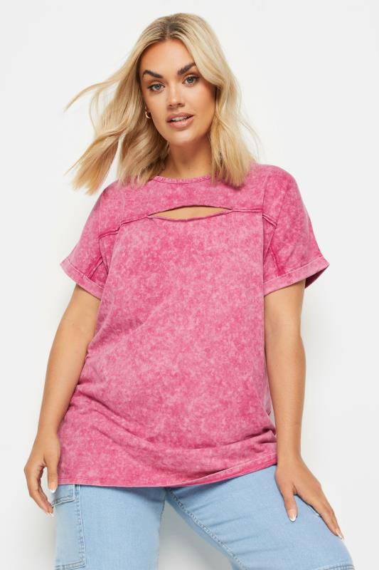 Yours YOURS Curve Pink Acid Wash Cut Out T-Shirt