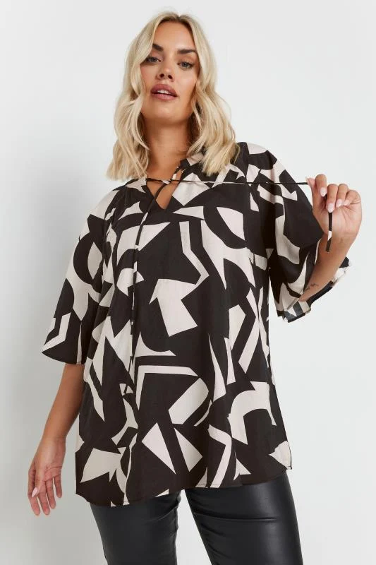 Yours YOURS Curve Black Abstract Print Tie Neck Blouse