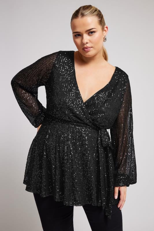 Yours London YOURS LONDON Curve Black Wrap Sequin Top