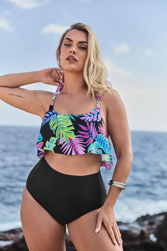 Yours YOURS Curve Black Leaf Print Frill Bikini Top