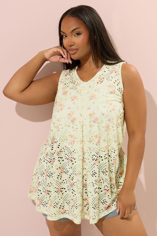 Yours YOURS Curve Yellow Floral Pointelle Vest Top