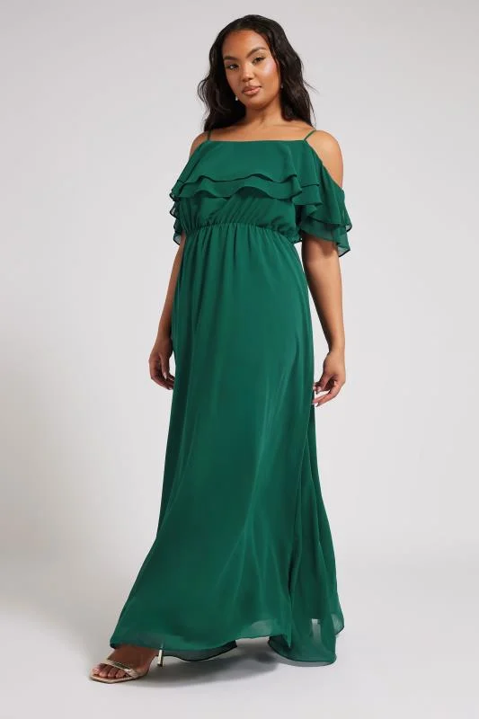 Yours London YOURS LONDON Curve Forest Green Frill Cold Shoulder Maxi Dress
