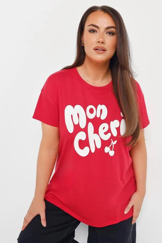 Yours YOURS Curve Red 'Mon Cheri' Slogan T-Shirt