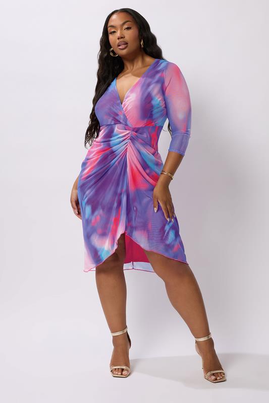 Yours London YOURS LONDON Curve Pink Abstract Print Mesh Gathered Midi Dress