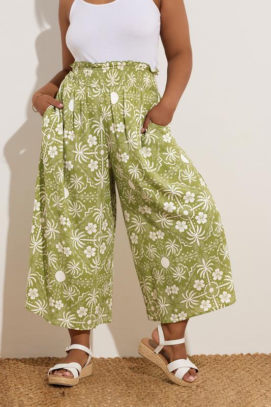 Yours YOURS Curve Green Palm Print Shirred Midaxi Culottes