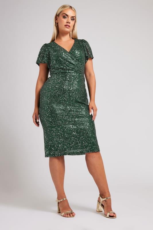 Yours London YOURS LONDON Curve Green Sequin Embellished Wrap Dress