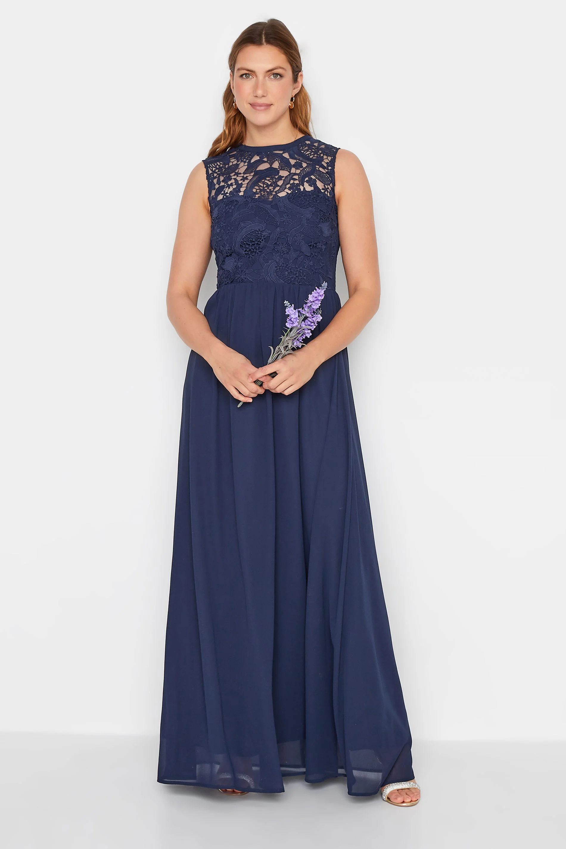 LTS LTS Tall Navy Blue Lace Chiffon Maxi Dress