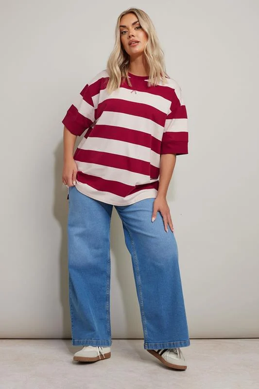 Yours YOURS Curve Red & White Stripe Short Sleeve Sweatshirt