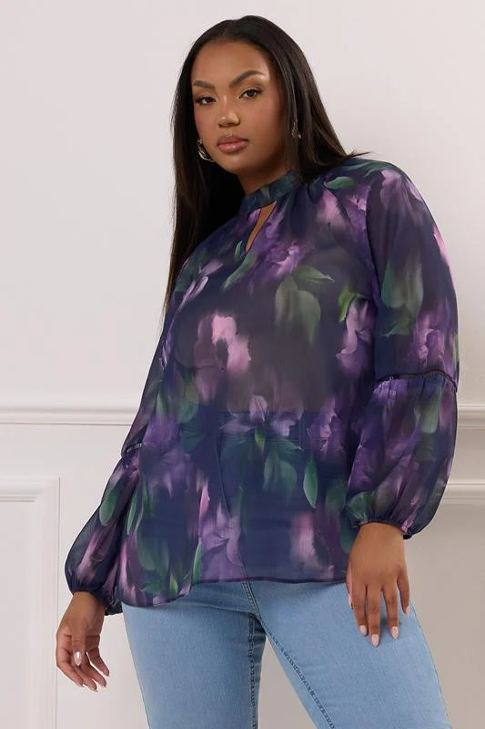 Yours London YOURS LONDON Curve Purple Floral Crochet Trim Blouse