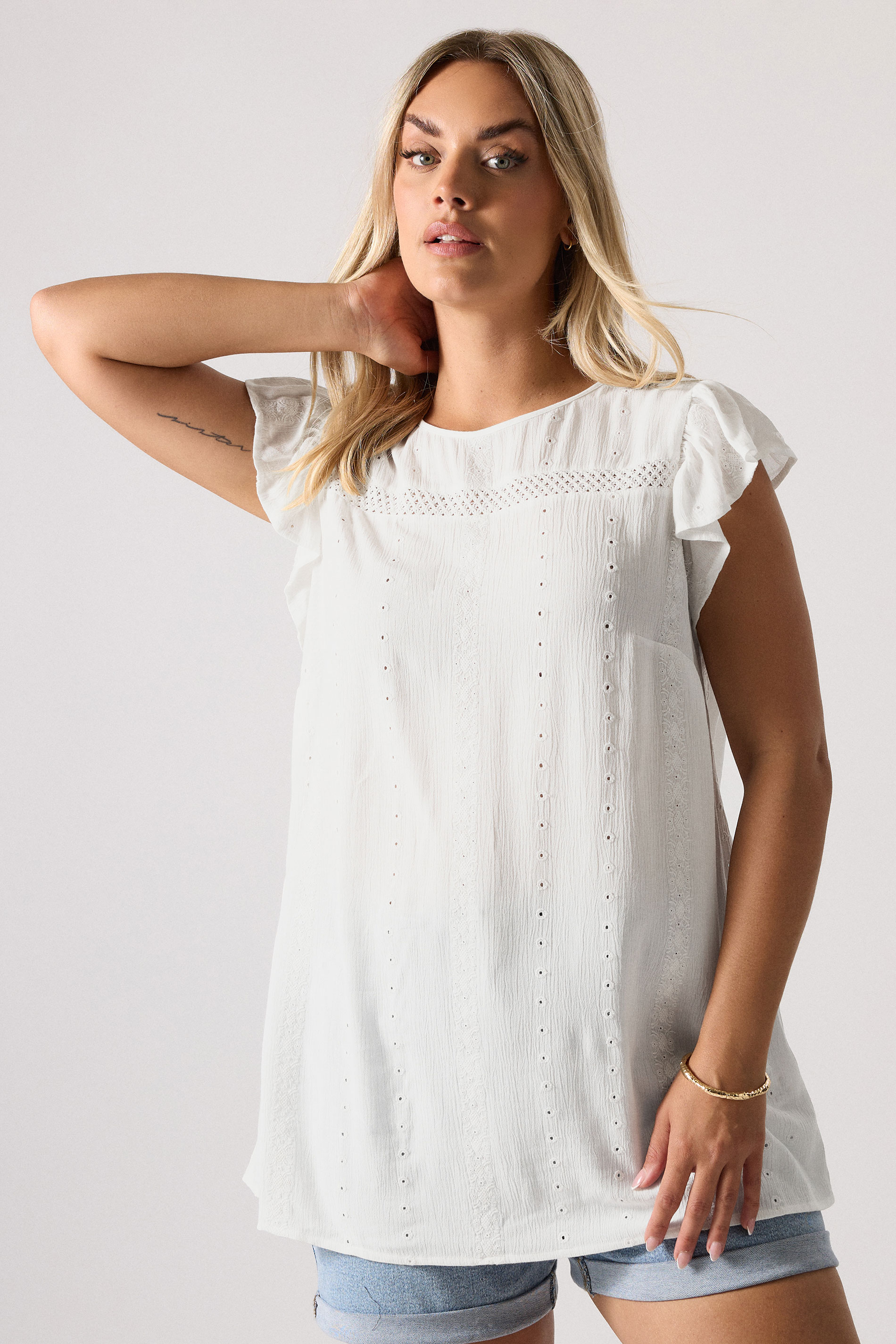Yours YOURS Curve White Textured Embroidered Top
