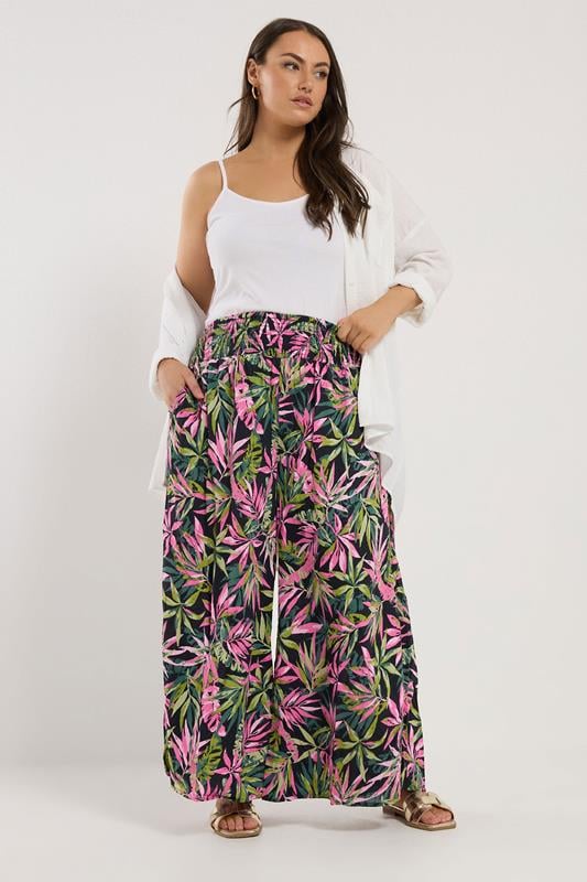 Yours YOURS Curve Black Tropical Print Shirred Wide Leg Trousers