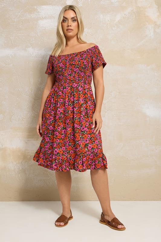 Yours YOURS Curve Orange & Pink Shirred Bardot Midi Dress