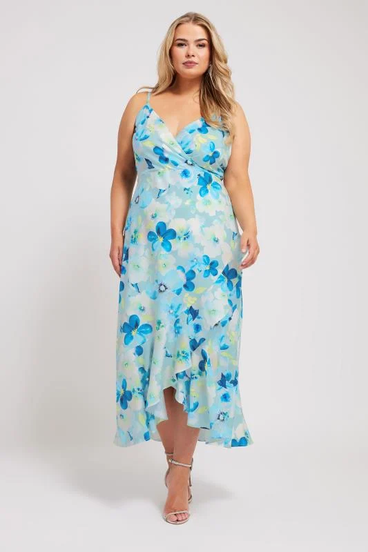 Yours London YOURS LONDON Curve Blue Floral Print Ruffle Wrap Dress