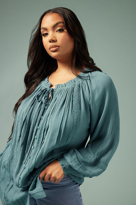 Yours YOURS Curve Blue Tie Neck Pintuck Top