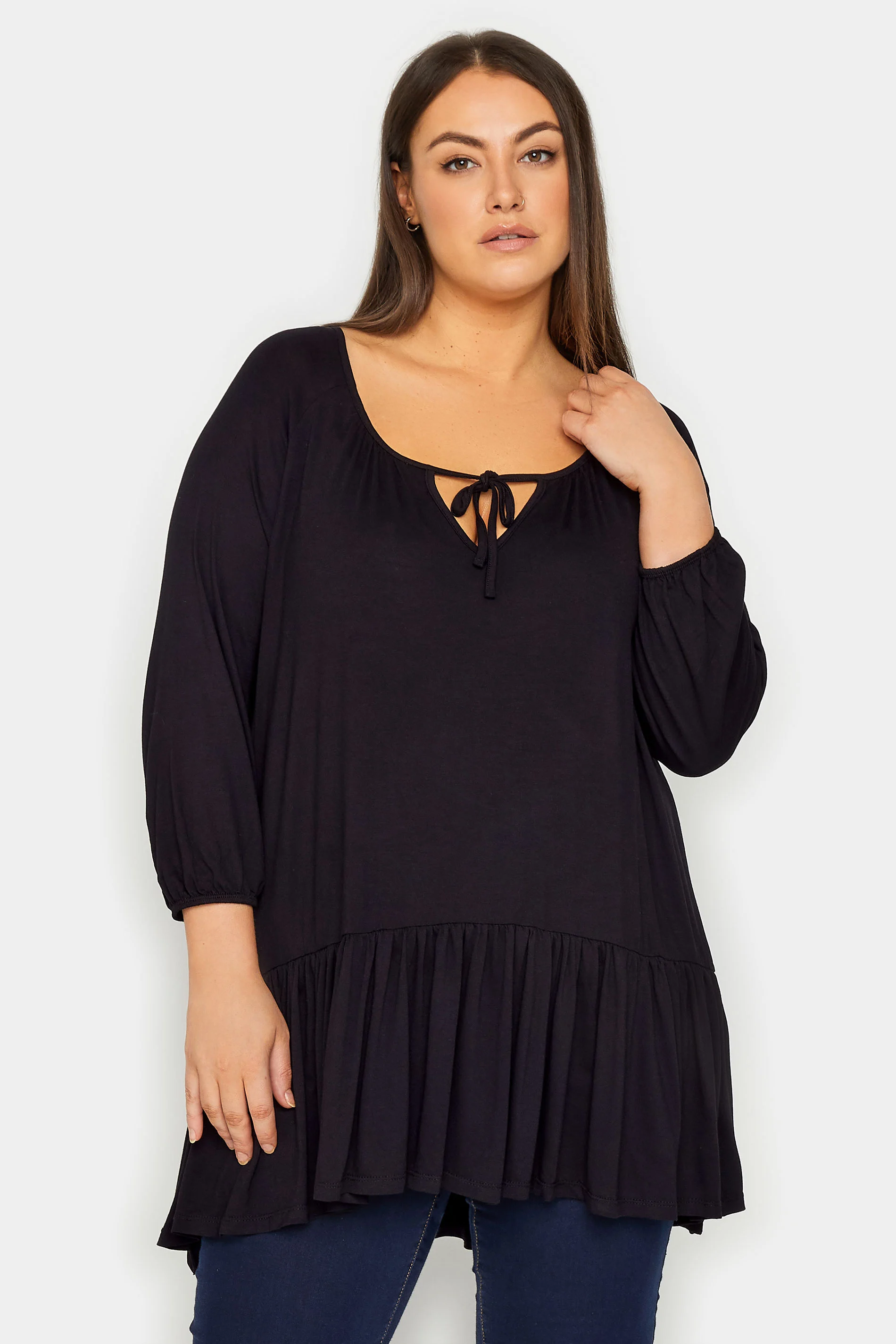Evans Evans Black Tie Neck Frill Hem Tunic Top