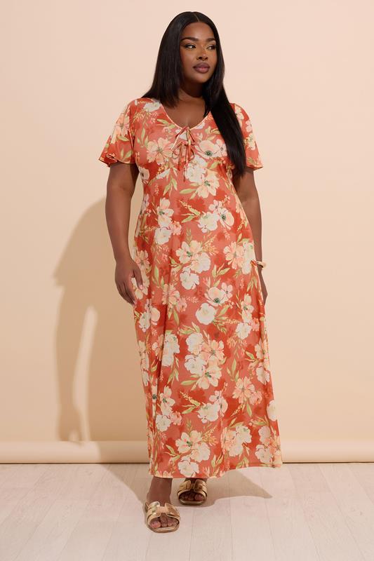 Yours YOURS Curve Rust Brown Floral Bow Front Maxi Dress