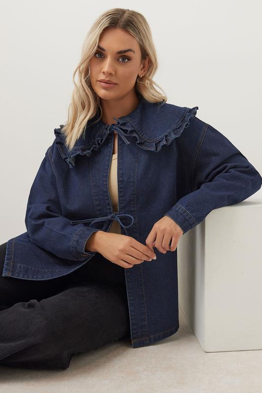 Yours YOURS Curve Indigo Blue Frill Collar Tie Front Denim Shacket