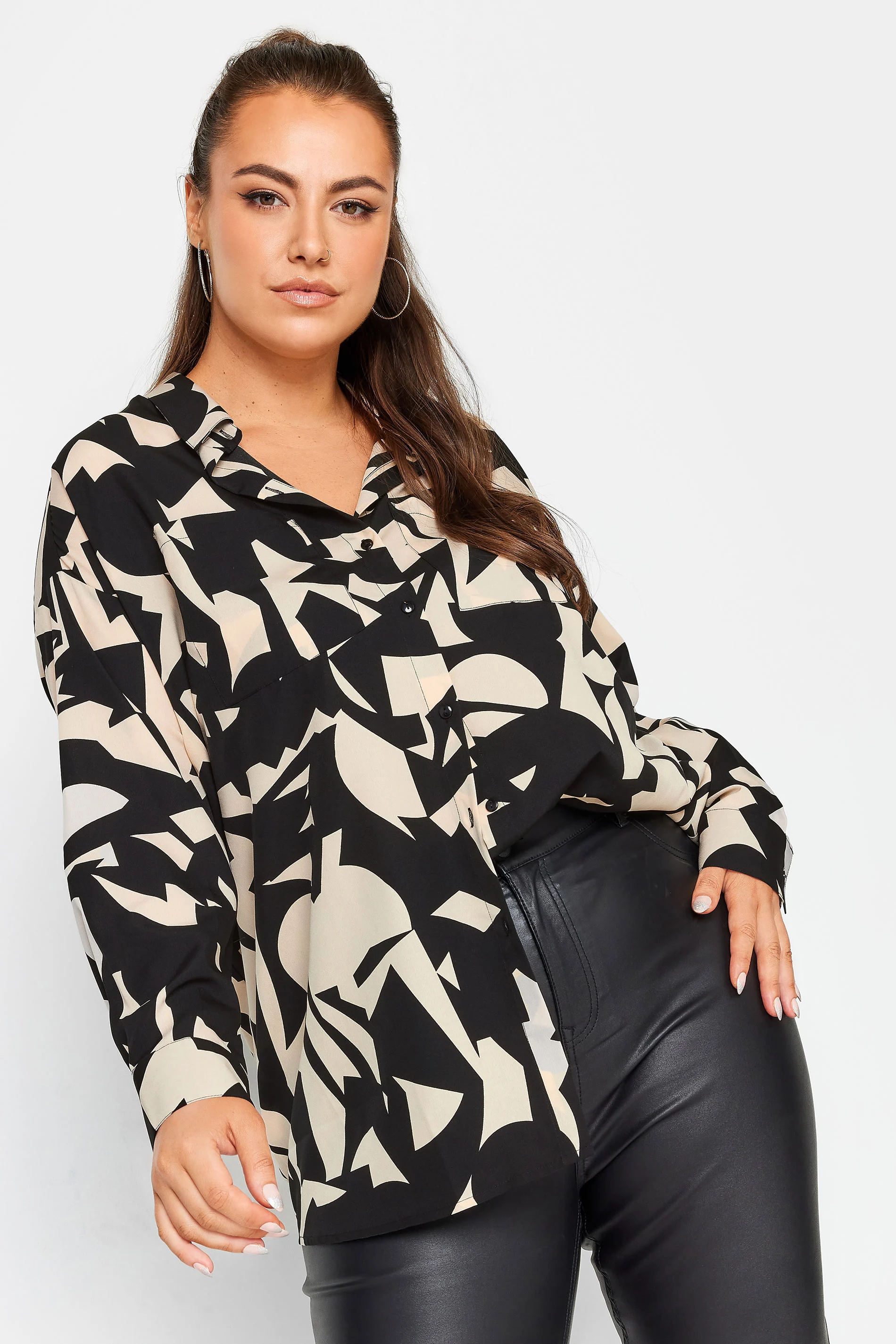 Yours YOURS Curve Black & Beige Brown Abstract Print Oversized Shirt