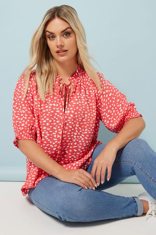 Yours YOURS Curve Red Spot Print Tie Neck Blouse