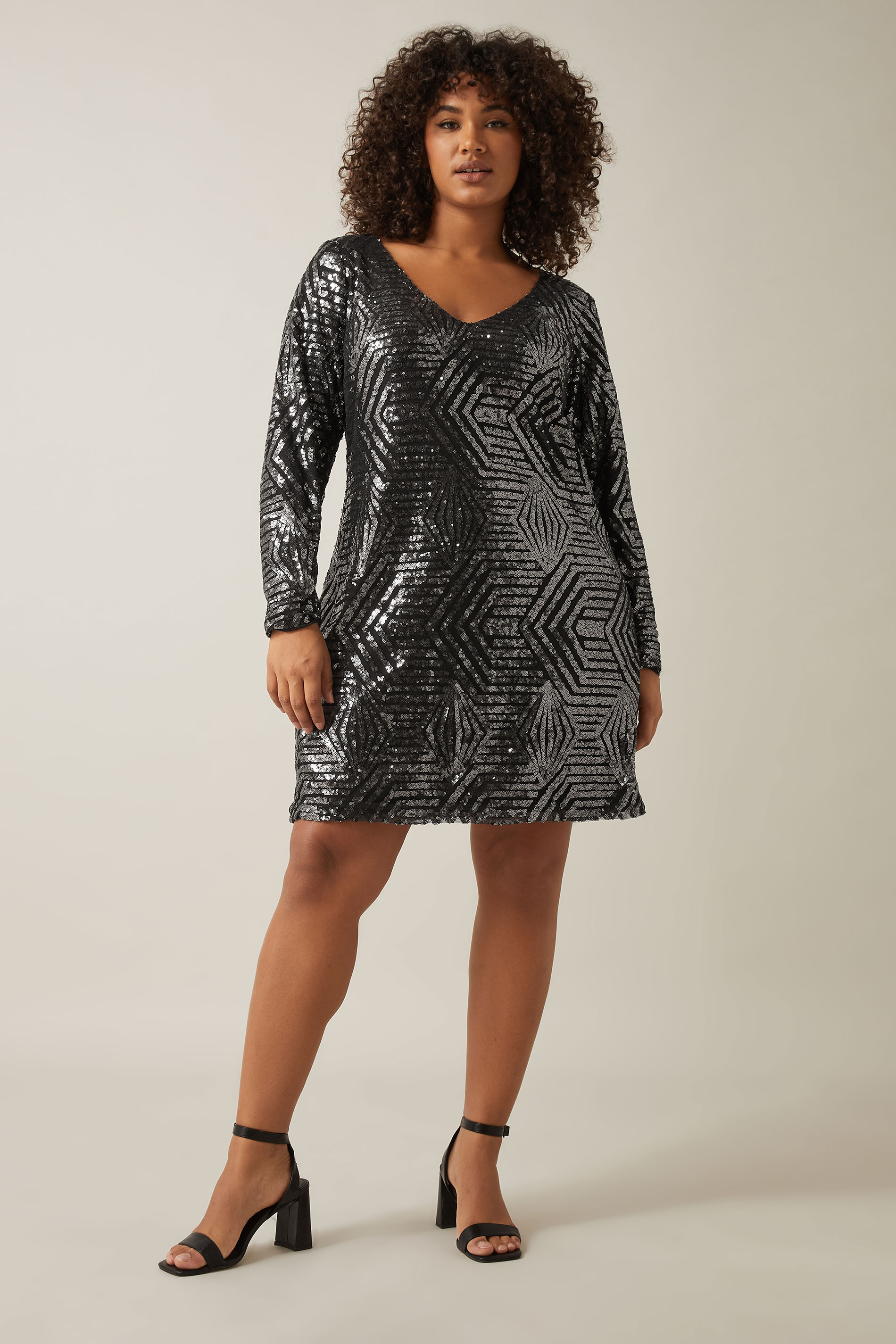 Evans Evans Black & Silver Sequin Geometric Mini Dress