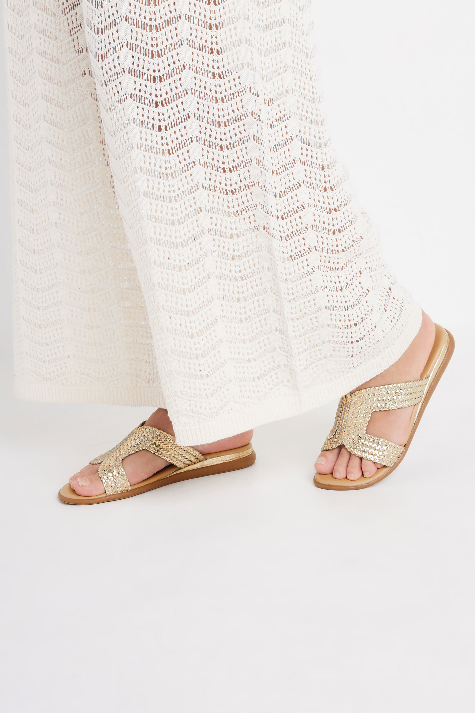 Yours Gold Leather Woven Wedge Mule Sandals In Extra Wide EEE Fit
