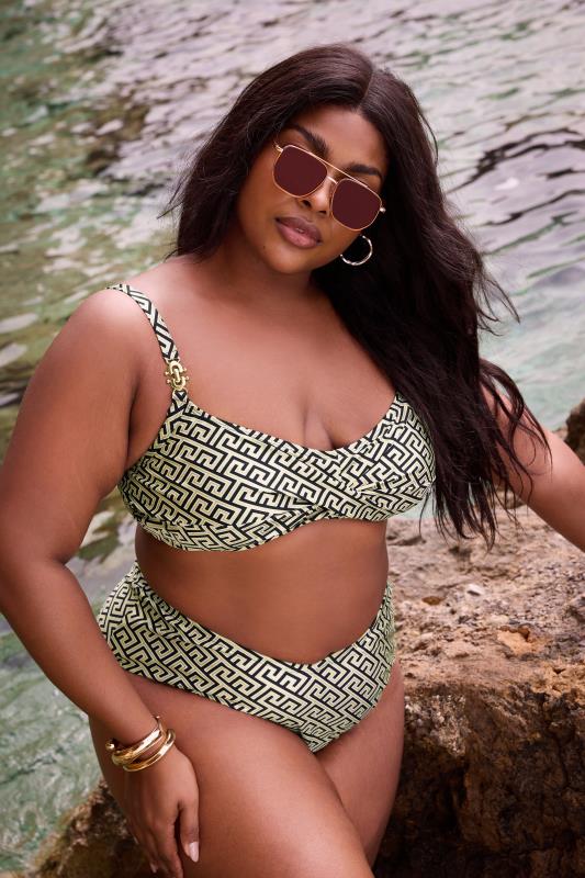 Yours YOURS Curve Black Metallic Geometric Print Bikini Top