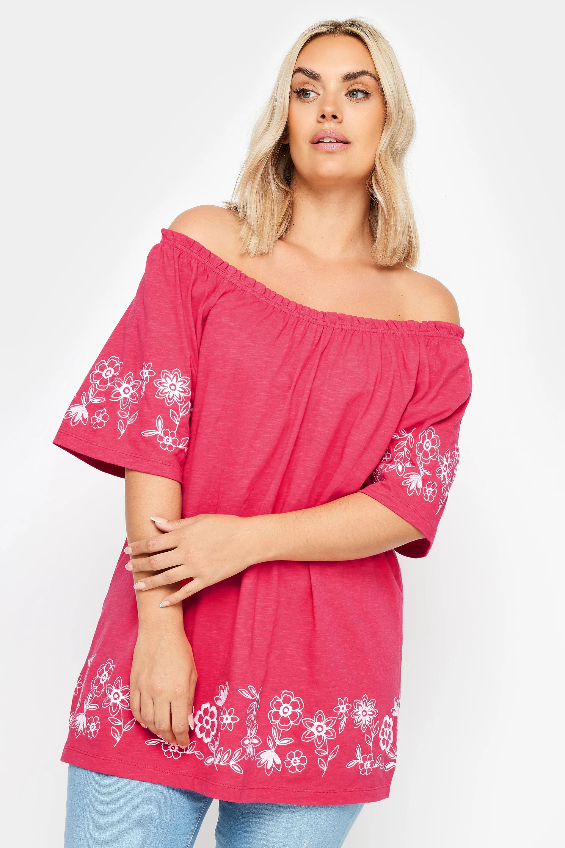 Yours YOURS Curve Pink Embroidered Detail Bardot Top