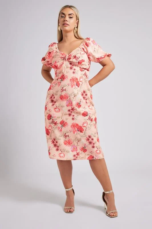 Yours London YOURS LONDON Curve Pink Floral Print Puff Sleeve Midaxi Dress