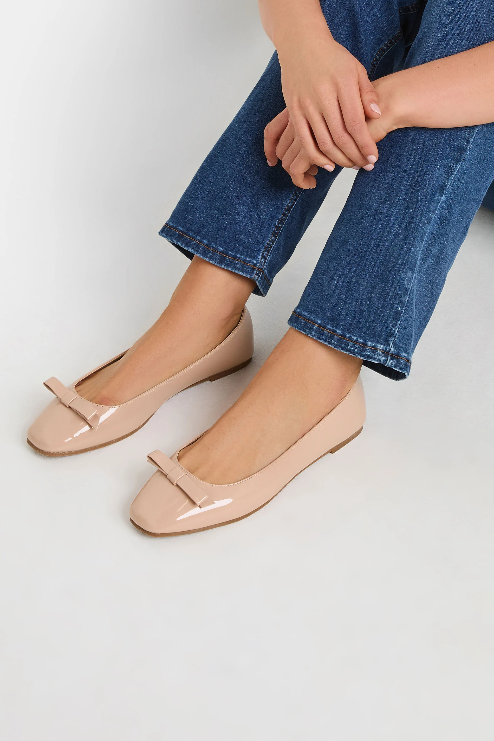 LTS LTS Tall Nude Patent Bow Square Toe Flats In Standard Fit