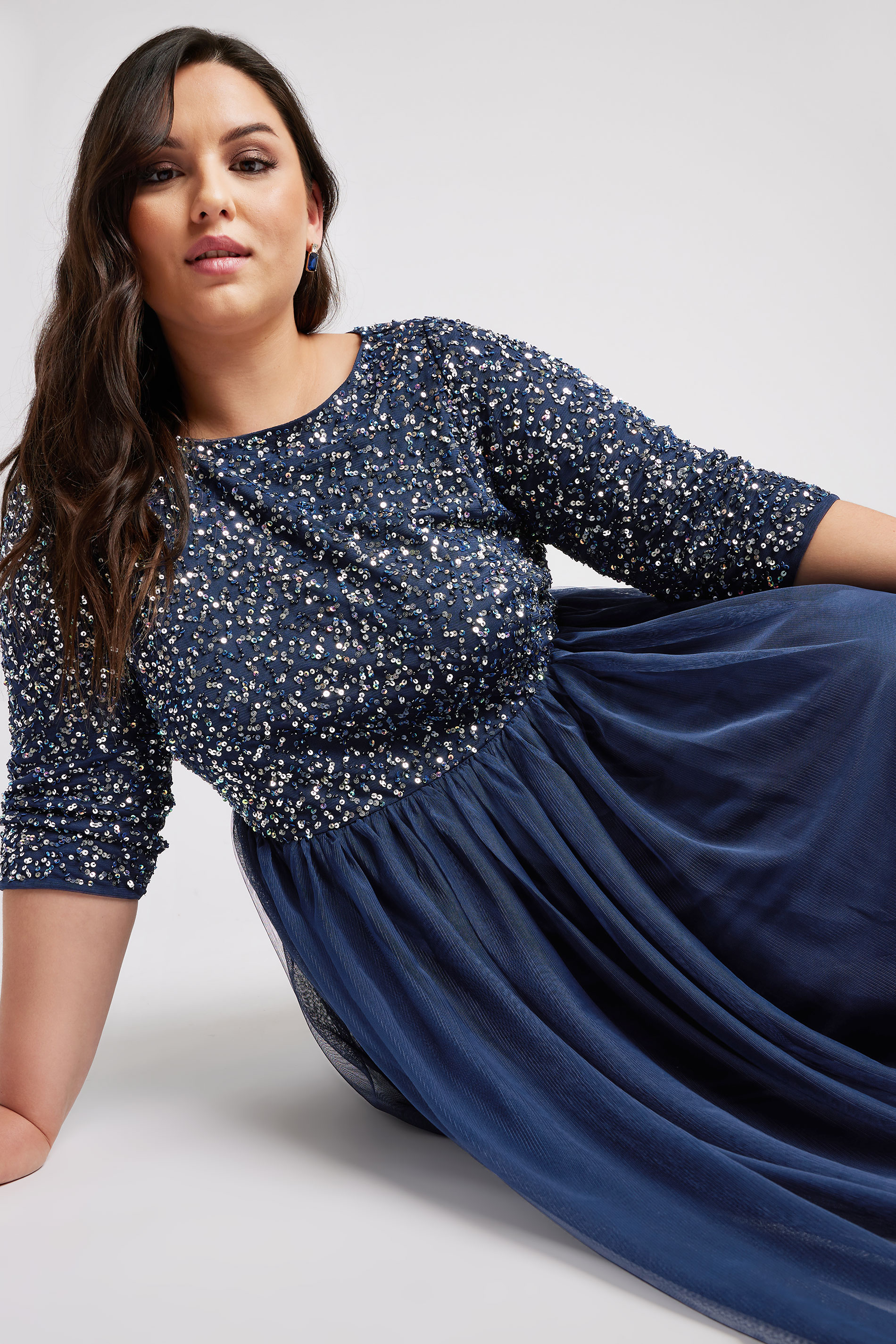 Luxe: Ultimate Embellishment LUXE Curve Navy Blue Sequin Hand Embellished Maxi Dress