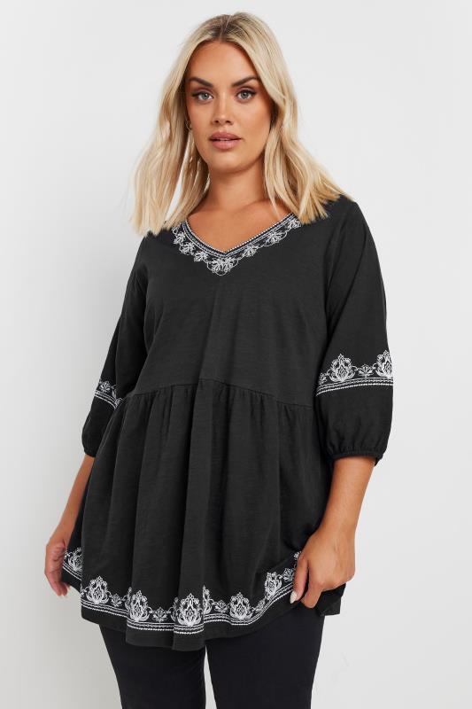 Yours YOURS Curve Black Embroidered Floral Smock Top