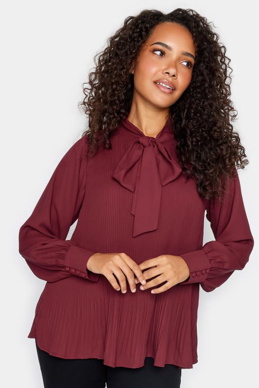 M&Co Womens M&Co Burgundy Red Pleated Bow Neck Blouse