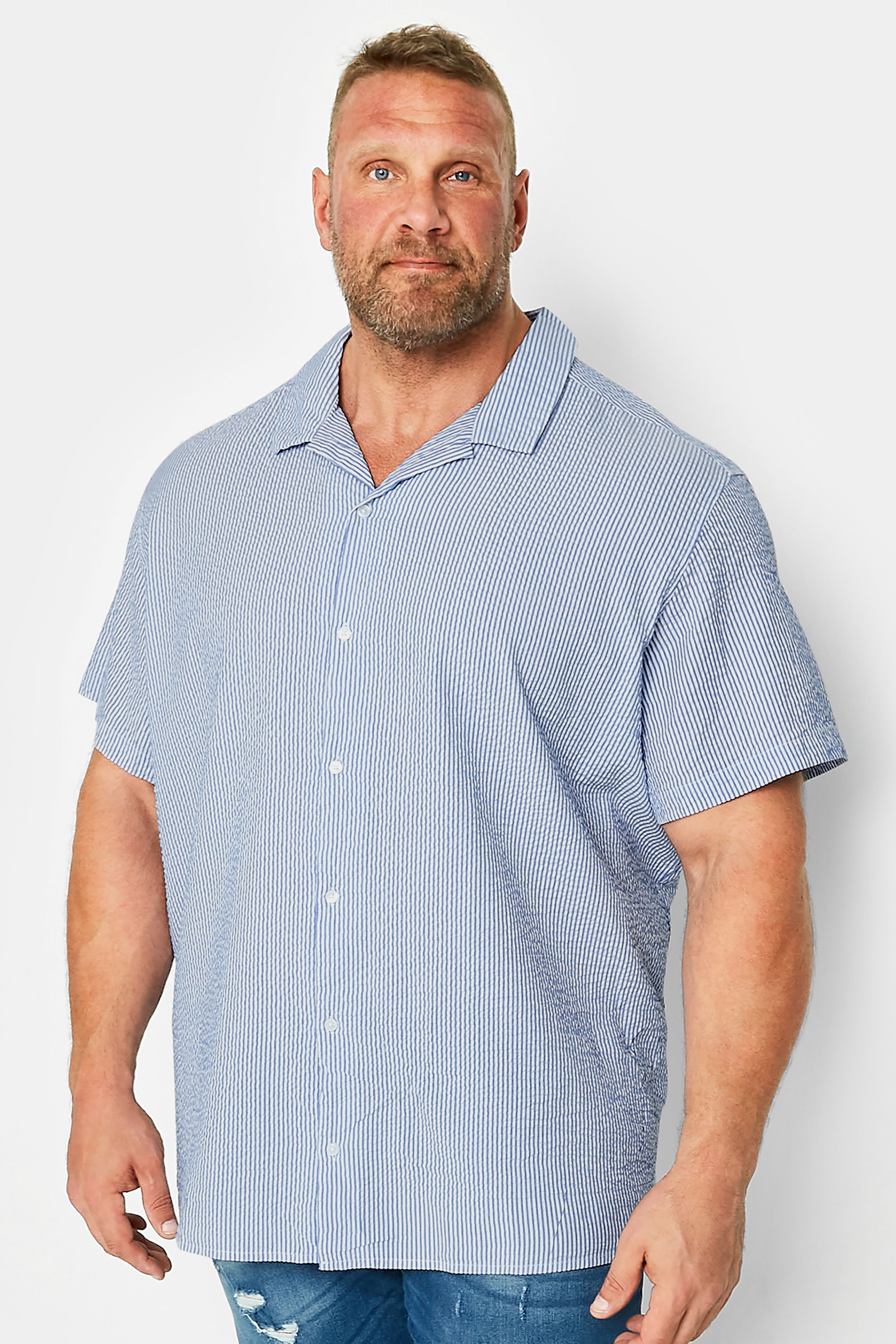 Jack & Jones JACK & JONES Big & Tall Blue Stripe Revere Collar Seersucker Shirt